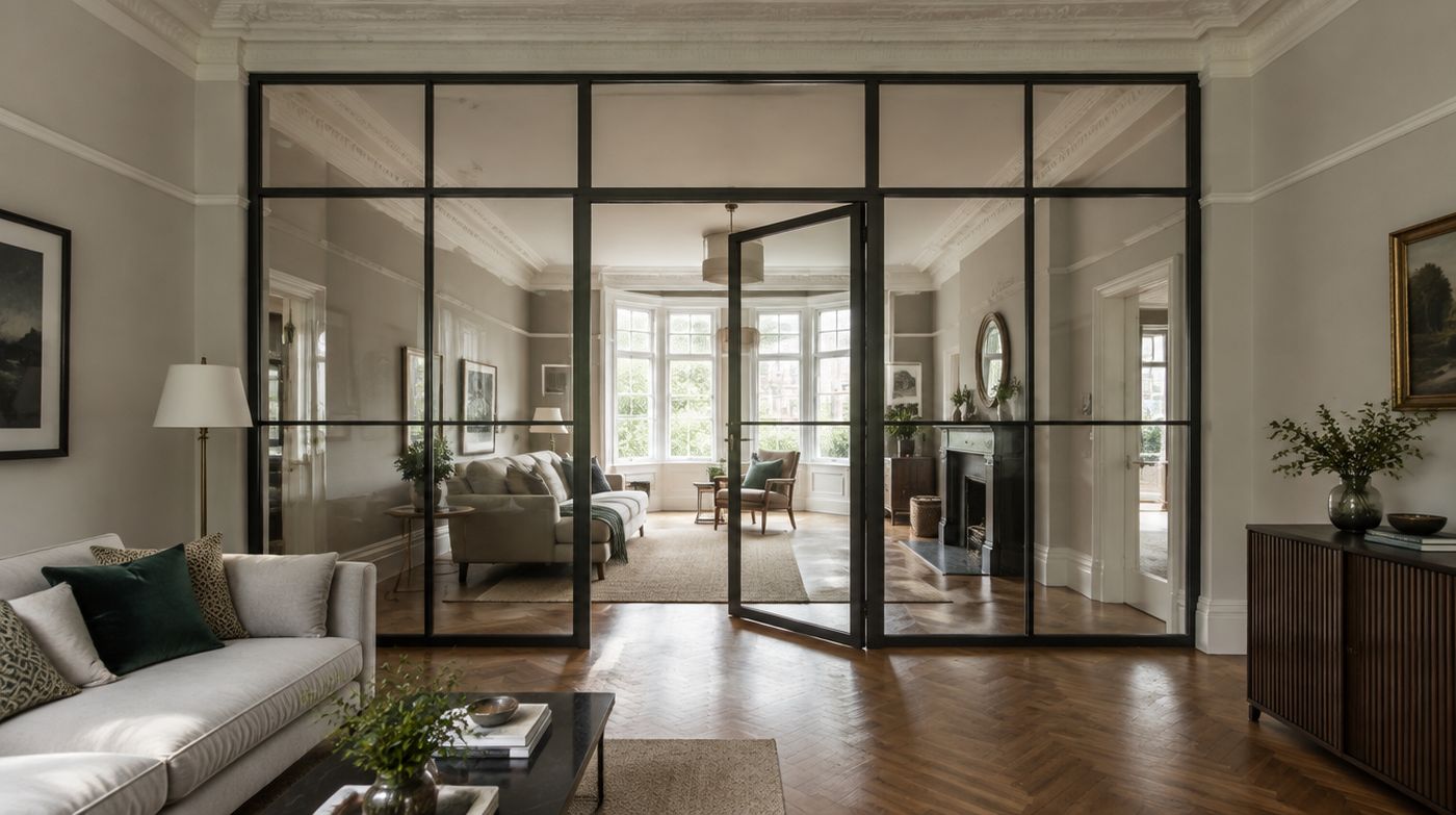 A slim black steel-look glazed screen with a matching door dividing a Victorian through lounge