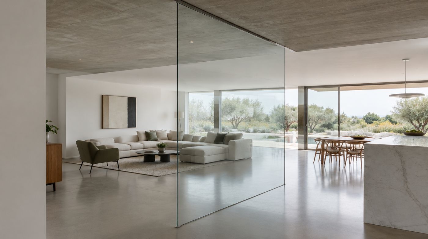 A frameless glass screen fixed floor to ceiling with a slim patch fitting at the head