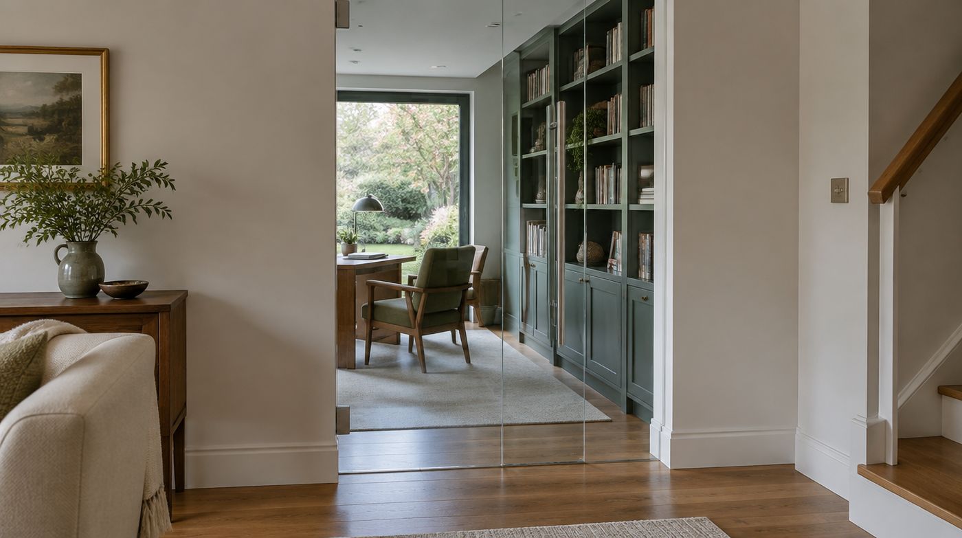 A frameless glass door into a study, concealed hinges and a slim vertical handle