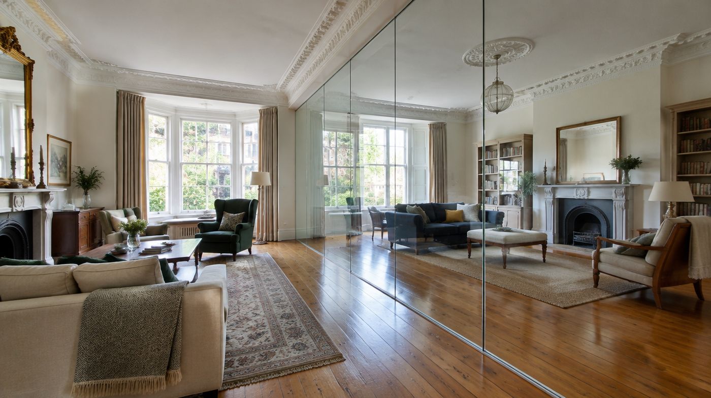 A full height frameless glass wall dividing a Victorian reception room, cornice running above