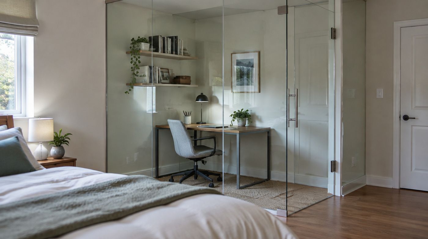 A home office partitioned off the corner of a bedroom with a frameless glass screen and door