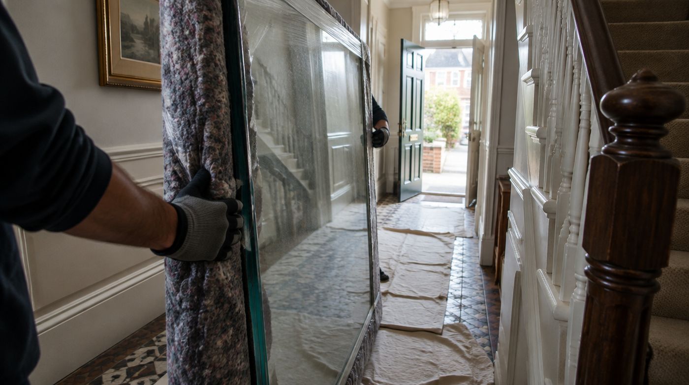 A tall padded glass panel being manoeuvred through a narrow Victorian hallway past a staircase