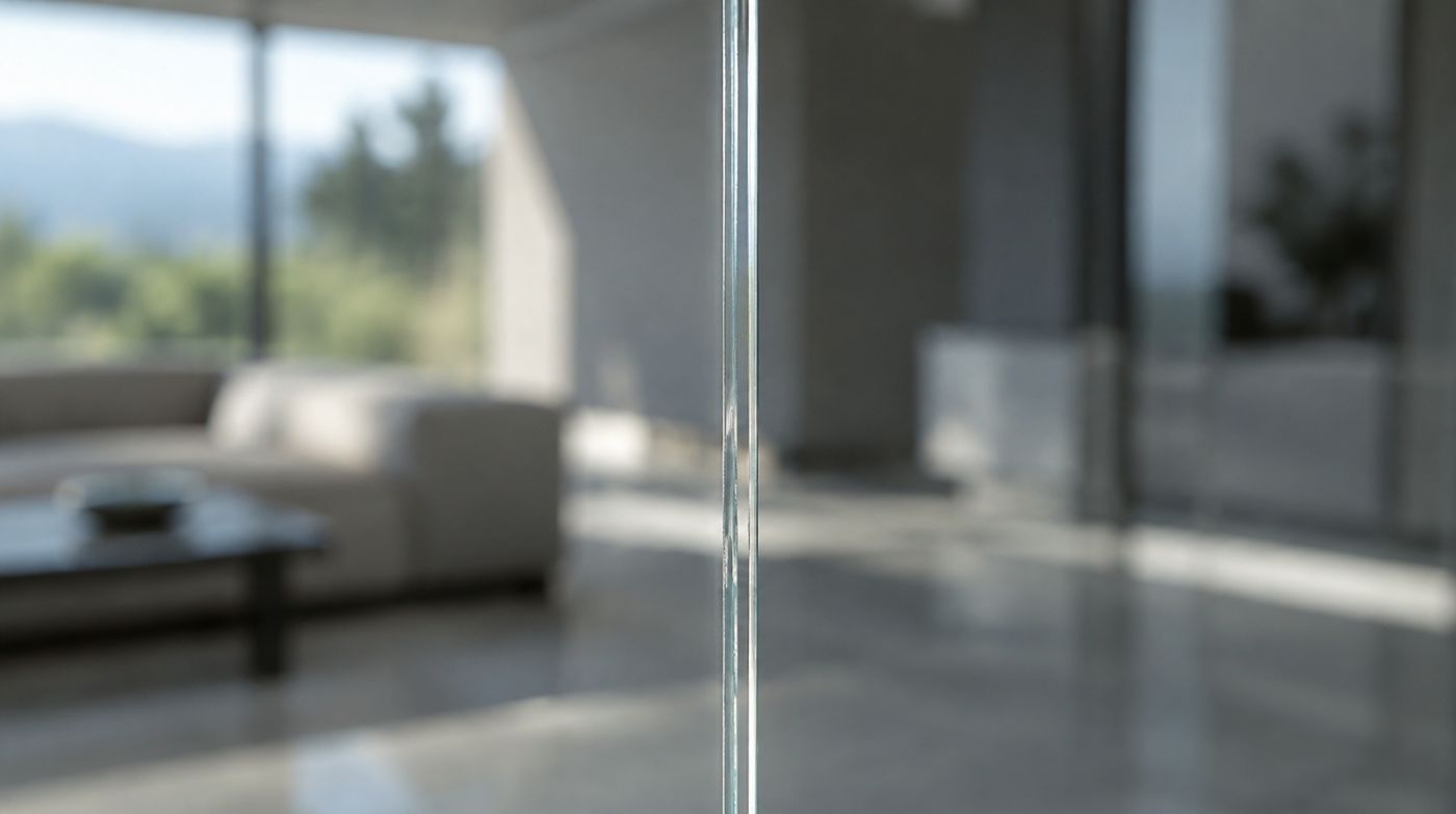 A vertical butt joint between two frameless glass panels, filled with a fine clear silicone line