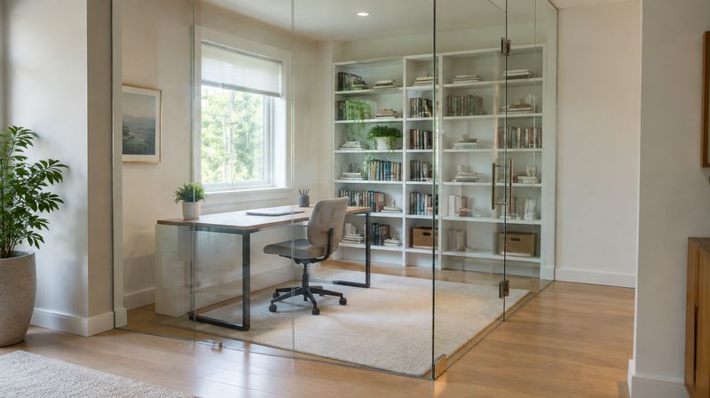A home office enclosed by a frameless glass screen and glass door within a larger room