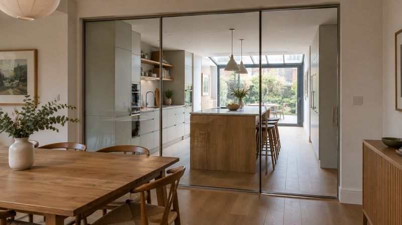 A slim framed glazed screen with a sliding door separating a kitchen from a dining room