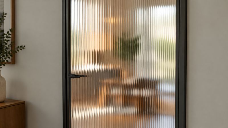 An internal door glazed with reeded fluted glass, distorting the light from the room beyond