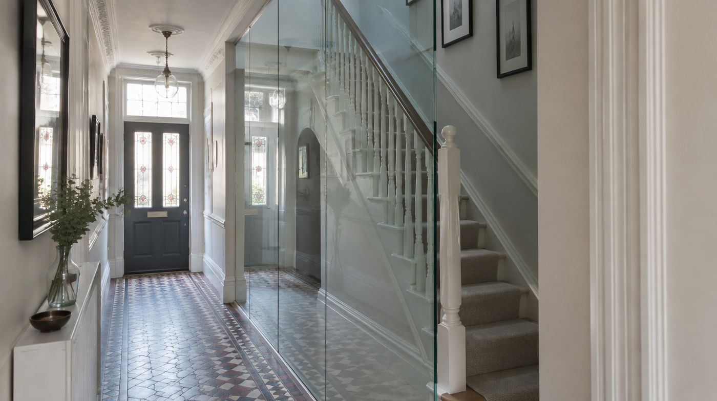 A full height frameless glass screen separating a narrow hallway from a staircase