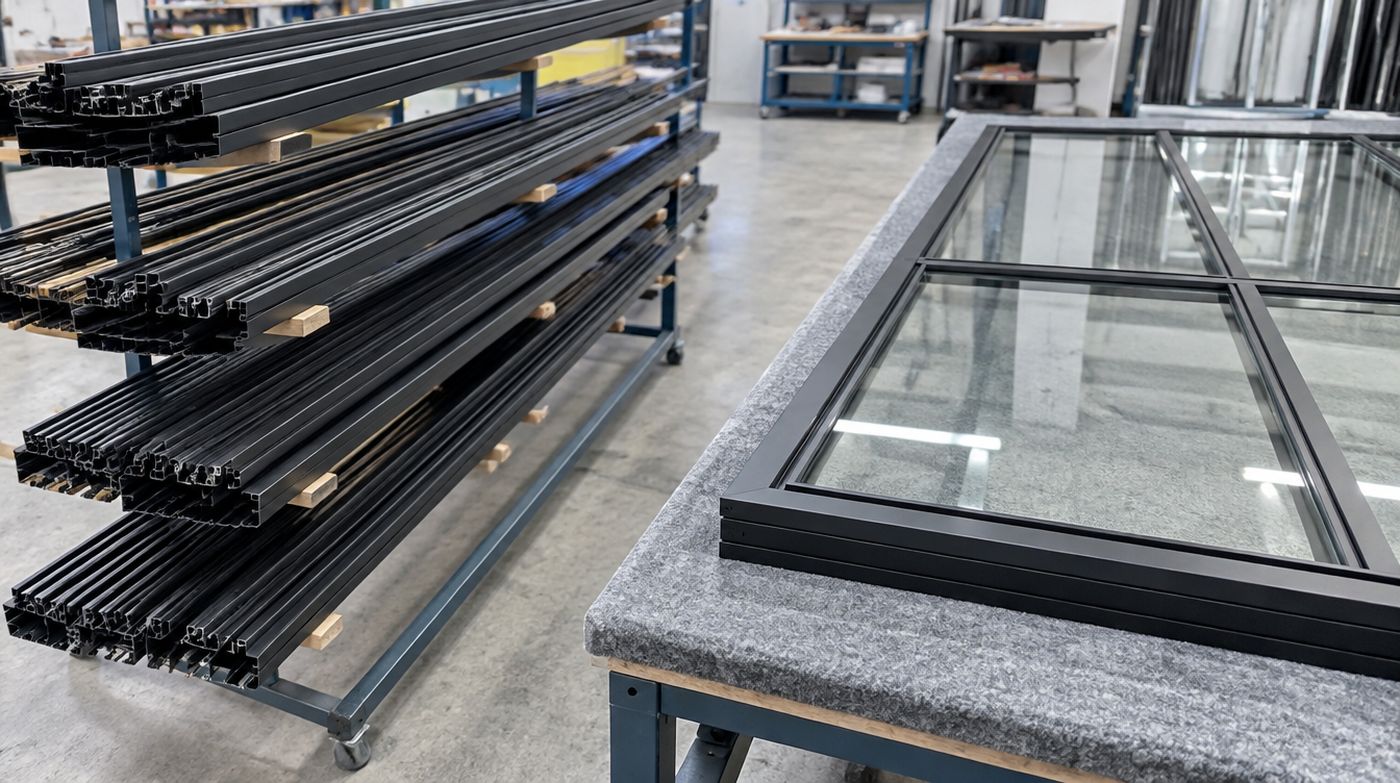 Matt black glazing profiles on a rack beside a part assembled steel-look screen panel